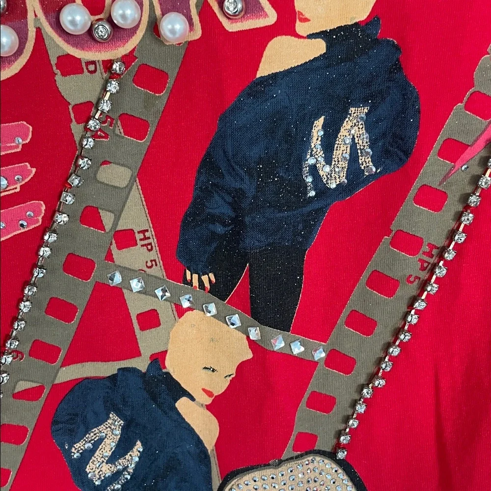 Vintage Rock Style Sleeveless Red Shirt Sheer back. Sequins & Rhinestones - Picture 11 of 17